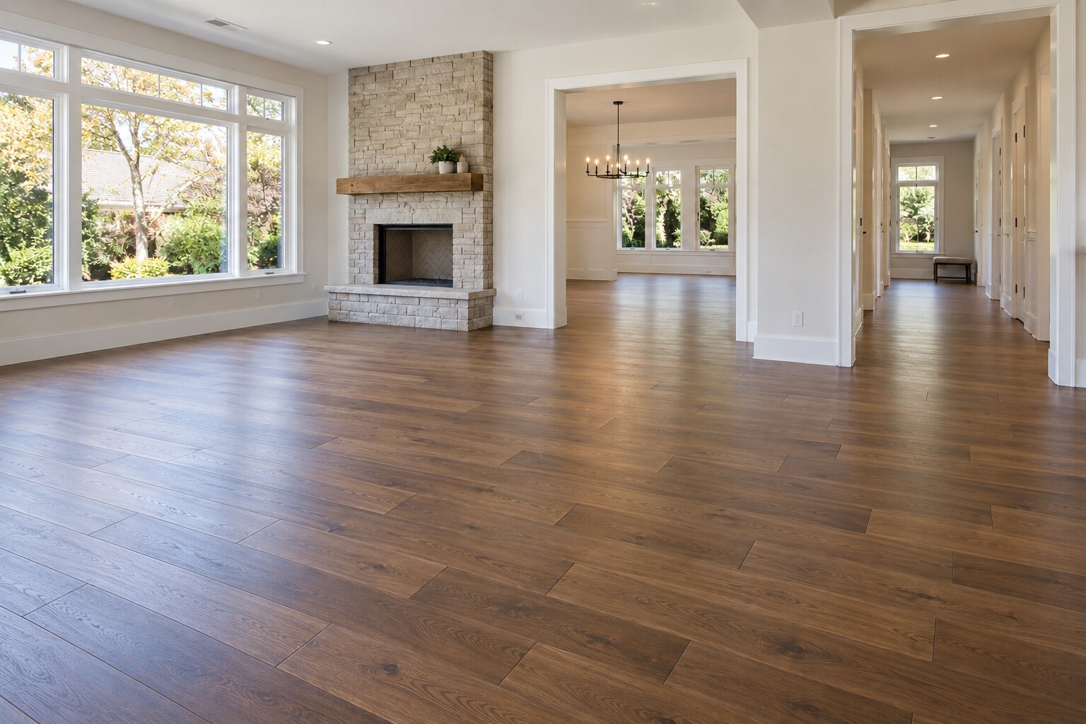 Completed hardwood flooring renovation with a natural random-stagger plank pattern